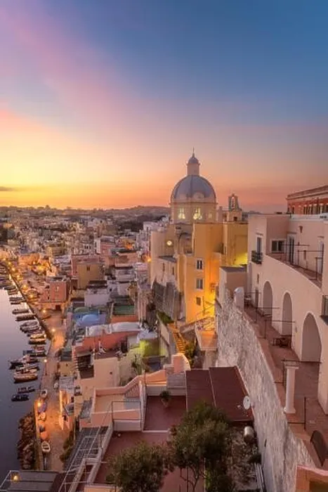 Framed Print : Procida, Italy old town skyline in the Mediterranean Sea during dusk