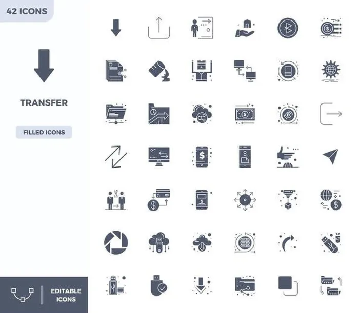Framed Print : Professional-grade collection of 42 Filled vector icons representing Transfer