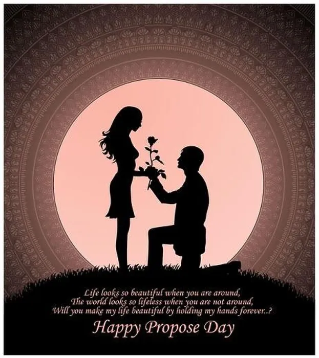 Framed Print : propose day illustration with quote.Man proposing her girl with rose in silhouette with moon and mandala in background Framed Print : propose day illustration with quote.Man proposing her girl with rose in silhouette with moon and mandala in background