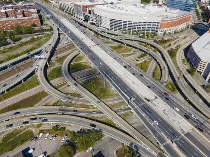 Framed Print : Providence interchange road at Interstate Highway I-95 exit 22 to Memorial Blvd aerial view in downtown Providence Framed Print : Providence interchange road at Interstate Highway I-95 exit 22 to Memorial Blvd aerial view in downtown Providence