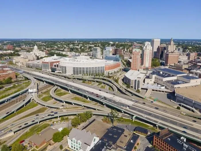 Framed Print : Providence interchange road at Interstate Highway I-95 exit 22 to Memorial Blvd aerial view in downtown Providence Framed Print : Providence interchange road at Interstate Highway I-95 exit 22 to Memorial Blvd aerial view in downtown Providence
