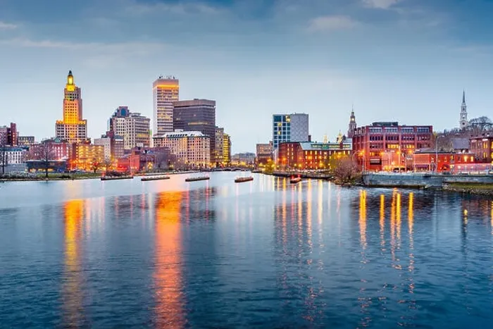Framed Print : Providence, Rhode Island downtown cityscape viewed from above the Providence River Framed Print : Providence, Rhode Island downtown cityscape viewed from above the Providence River