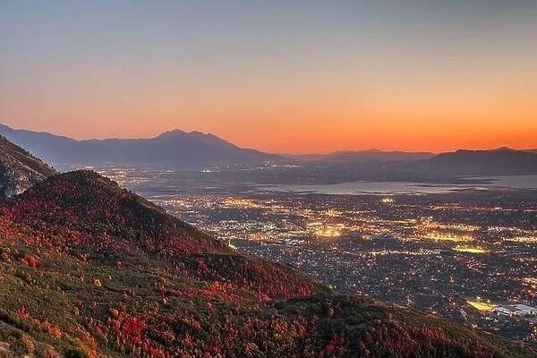 Provo, Utah, USA view of downtown from the lookout during an autumn dusk