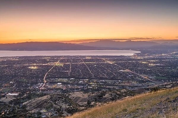 Provo, Utah, USA view of downtown from Squaw Peak during an autumn dusk