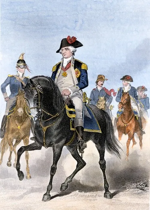 Framed Print : Prussian Baron von Steuben on horseback with Continental Army officers at Valley Forge. Hand-colored steel engraving Framed Print : Prussian Baron von Steuben on horseback with Continental Army officers at Valley Forge. Hand-colored steel engraving