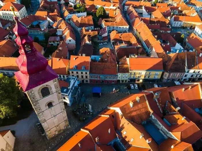 Framed Print : Ptuj City Tower in Old Town, Drone View, Slovenia Framed Print : Ptuj City Tower in Old Town, Drone View, Slovenia