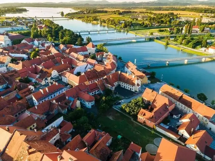 Framed Print : Ptuj at River Drava in Slovenia, Drone View Framed Print : Ptuj at River Drava in Slovenia, Drone View