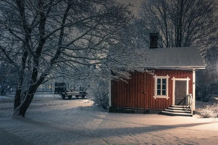 Framed Print : Public cozy old cafe place with snow mood at winter evening in Finland. Light snowflakes. This place is open only in summer time Framed Print : Public cozy old cafe place with snow mood at winter evening in Finland. Light snowflakes. This place is open only in summer time