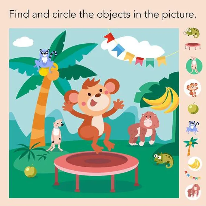 Framed Print : Puzzle game for kids. Find object. Cartoon illustration. Cute monkey in jungle. Vector illustration, scene for design Framed Print : Puzzle game for kids. Find object. Cartoon illustration. Cute monkey in jungle. Vector illustration, scene for design