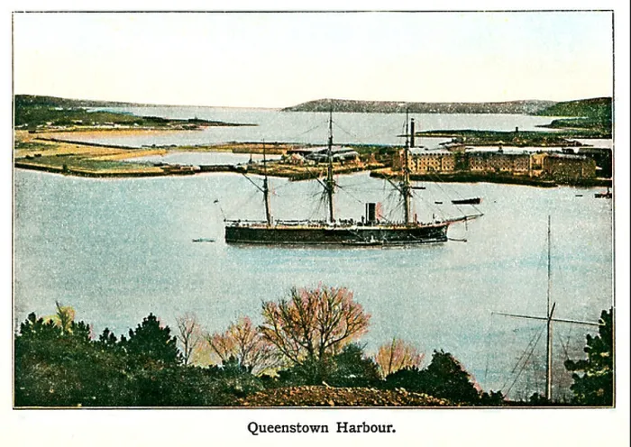 Framed Print : Queenstown Harbour 1910 coloured photograph of the seaport in Cork Harbour renamed Cobh in 1922 Framed Print : Queenstown Harbour 1910 coloured photograph of the seaport in Cork Harbour renamed Cobh in 1922