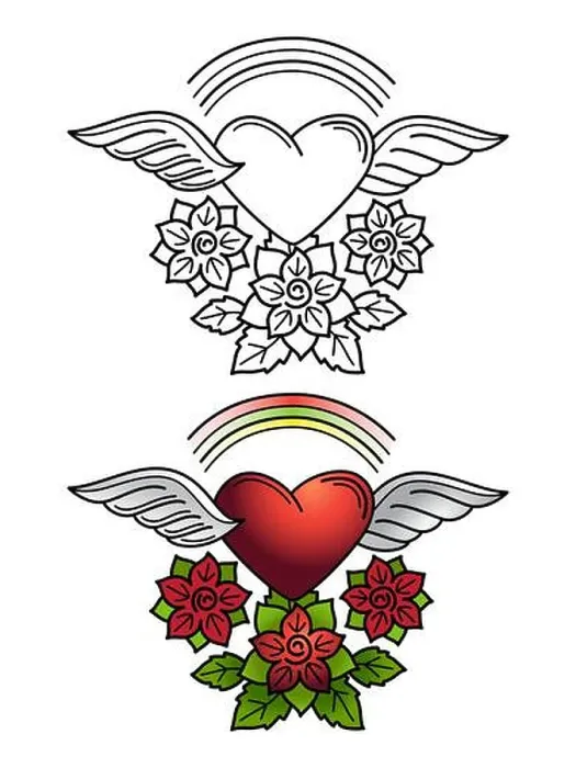 Framed Print : Rainbow, heart, floral ornament tattoo design. Line heart with wings and flowers coloring with color sample Framed Print : Rainbow, heart, floral ornament tattoo design. Line heart with wings and flowers coloring with color sample