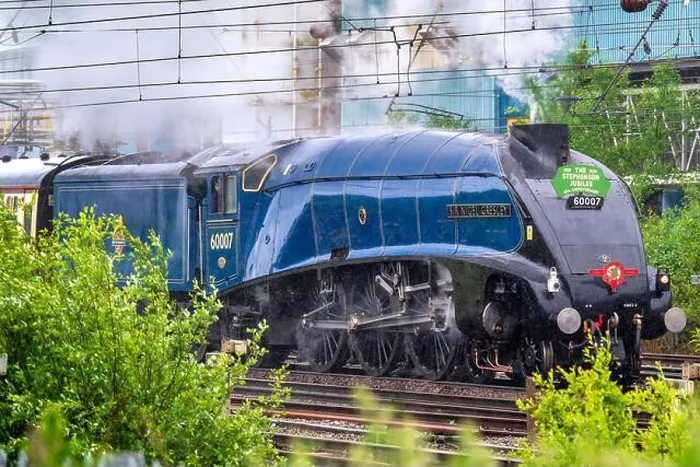 Framed Print : A rainy day at Warrington Bank Quay station as the A4 Pacific loco Sir Nigel Gresley steams out hauling the Saphos Framed Print : A rainy day at Warrington Bank Quay station as the A4 Pacific loco Sir Nigel Gresley steams out hauling the Saphos