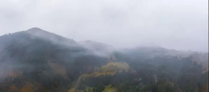 Framed Print : Rainy foggy and gray weather in the mountain valley of the Carpathians in Ukraine in small village Aerial panoramic Framed Print : Rainy foggy and gray weather in the mountain valley of the Carpathians in Ukraine in small village Aerial panoramic