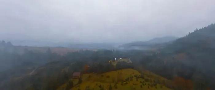 Framed Print : Rainy foggy and gray weather in the mountain valley of the Carpathians in Ukraine in small village Aerial panoramic Framed Print : Rainy foggy and gray weather in the mountain valley of the Carpathians in Ukraine in small village Aerial panoramic