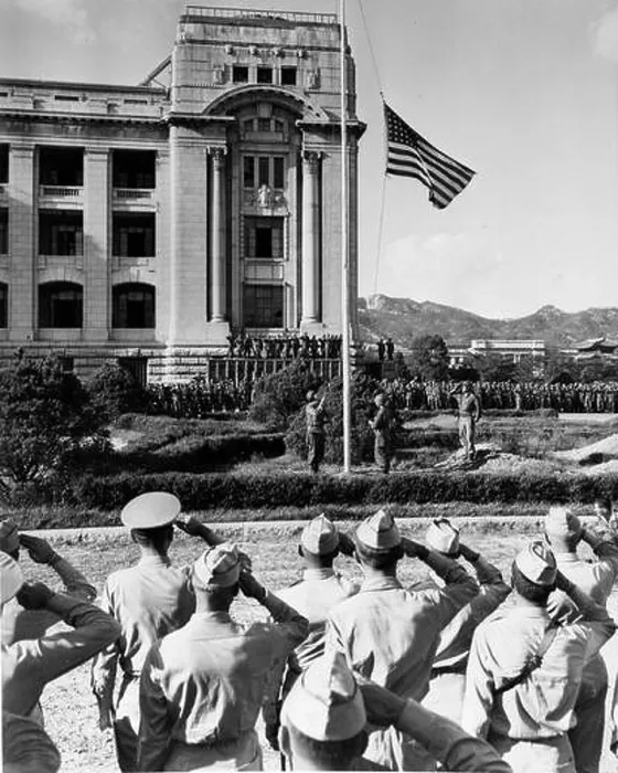Framed Print : Raising the United States Flag after the Surrender of Japanese Forces in Southern Korea