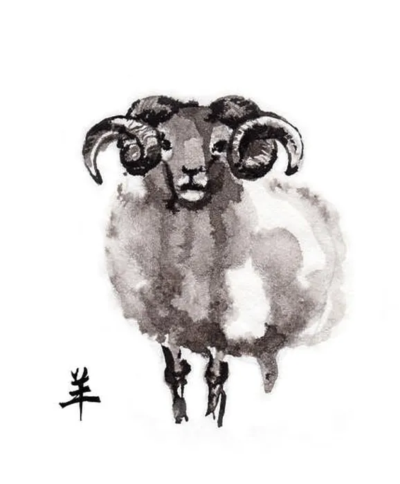 Framed Print : Ram standing frontal, oriental ink painting with Chinese hieroglyph goat'. Symbol of the new year of goat, sheep Framed Print : Ram standing frontal, oriental ink painting with Chinese hieroglyph goat'. Symbol of the new year of goat, sheep