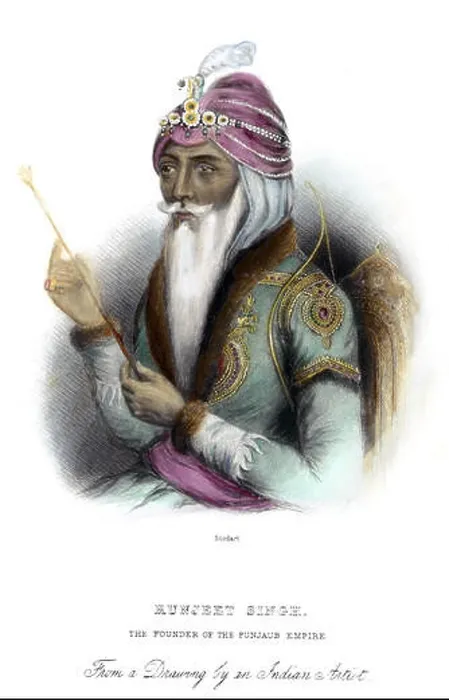 Framed Print : RANJIT SINGH (1780-1839). / nFounder of the Sikh kingdom. Colored line and stipple engraving, English, 19th century Framed Print : RANJIT SINGH (1780-1839). / nFounder of the Sikh kingdom. Colored line and stipple engraving, English, 19th century