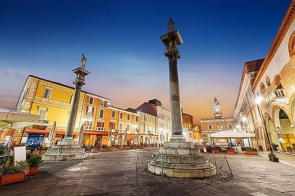 Ravenna, Italy at Piazza del Popolo and landmark towers at dusk