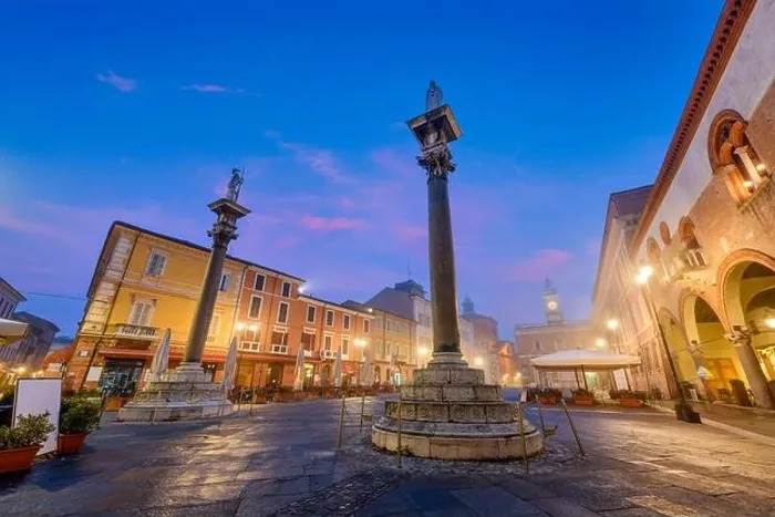 Framed Print : Ravenna, Italy at Piazza del Popolo with the landmark Venetian columns at dusk Framed Print : Ravenna, Italy at Piazza del Popolo with the landmark Venetian columns at dusk