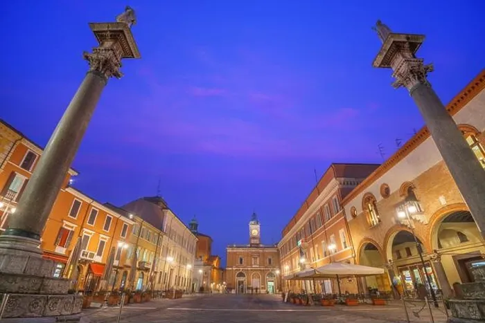 Framed Print : Ravenna, Italy at Piazza del Popolo with the landmark Venetian columns at twilight Framed Print : Ravenna, Italy at Piazza del Popolo with the landmark Venetian columns at twilight