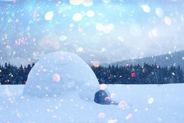 Framed Print : Real snow igloo house in the winter Carpathian mountains. Snow-covered firs on the background. Christmas holiday postcard collage