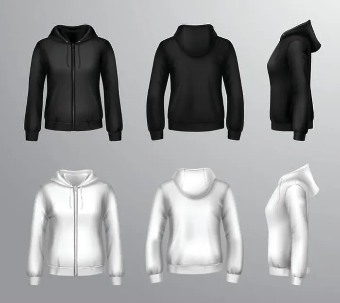 Framed Print : Realistic black and white hooded sweatshirts for women with front back and side view isolated vector illustration Framed Print : Realistic black and white hooded sweatshirts for women with front back and side view isolated vector illustration
