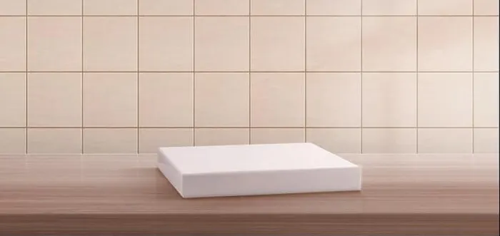 Framed Print : Realistic tiled wall, white soap box on wooden shelf Framed Print : Realistic tiled wall, white soap box on wooden shelf