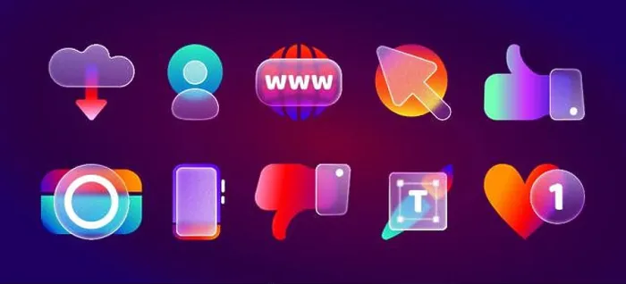 Framed Print : Realistic ui icons with blur neon gradient in glassmorphism style