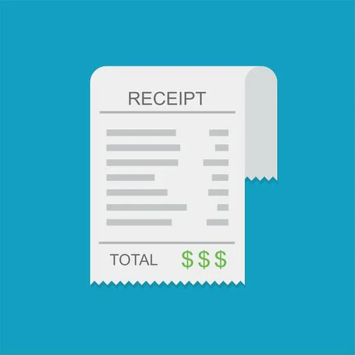 Framed Print : Receipt vector icon in a flat style. Invoice icon, total bill icon with dollar symbol on blue background