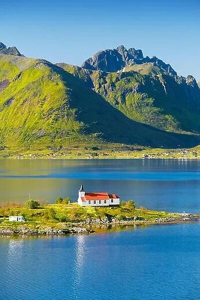 Red church on Austnesfjord, Lofoten Islands, Norway