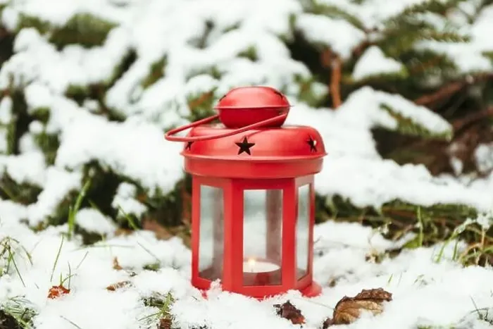 Framed Print : Red lantern with burning candle in forest in winter Framed Print : Red lantern with burning candle in forest in winter