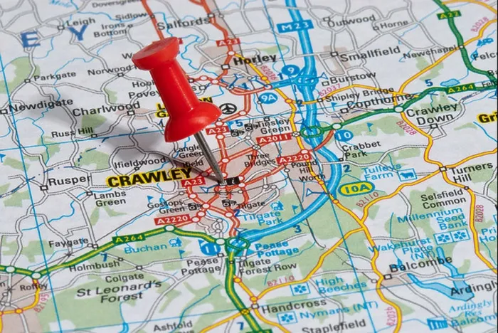 Framed Print : red map pin in road map pointing to city of Crawley Framed Print : red map pin in road map pointing to city of Crawley