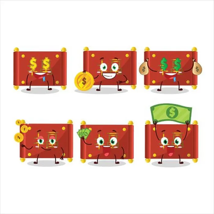 Framed Print : Red paper roll chinese cartoon character with cute emoticon bring money. Vector illustration
