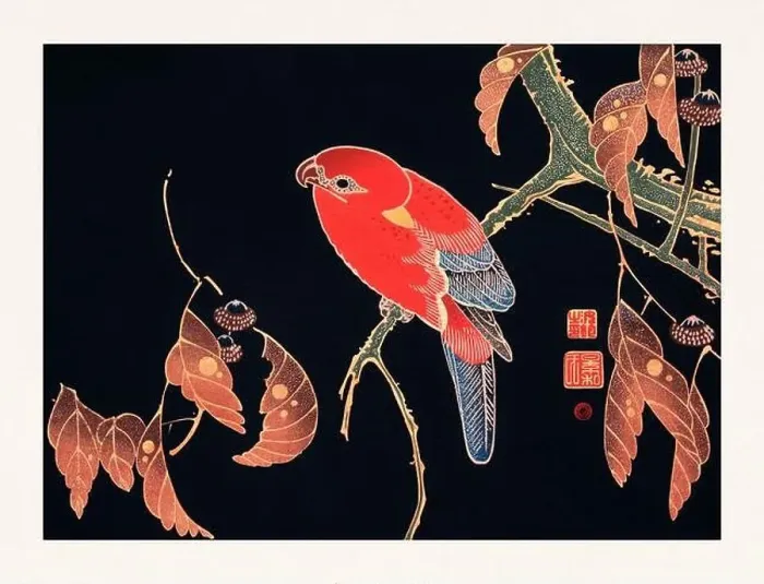 Framed Print : Red Parrot. Colorful bird illustration on black background by Itō Jakuchū (1716-1800) Framed Print : Red Parrot. Colorful bird illustration on black background by Itō Jakuchū (1716-1800)
