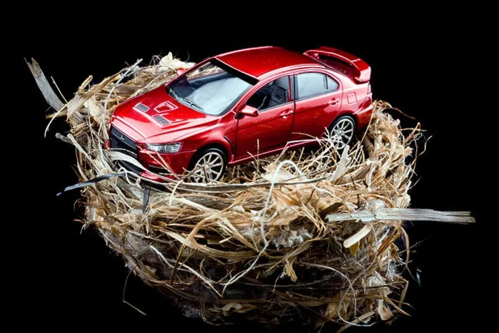 Framed Print : Red toy car on top of a birds nest Framed Print : Red toy car on top of a birds nest