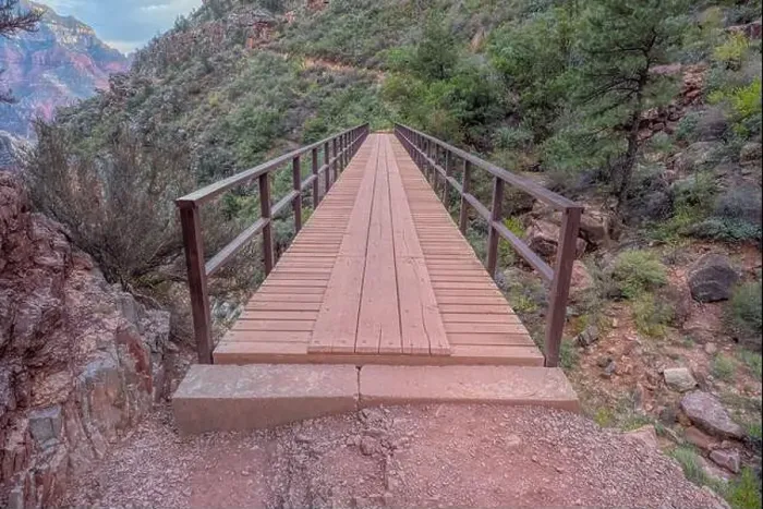 Framed Print : Red Wall Bridge crossing Roaring Springs Canyon on North Kaibab Trail Framed Print : Red Wall Bridge crossing Roaring Springs Canyon on North Kaibab Trail