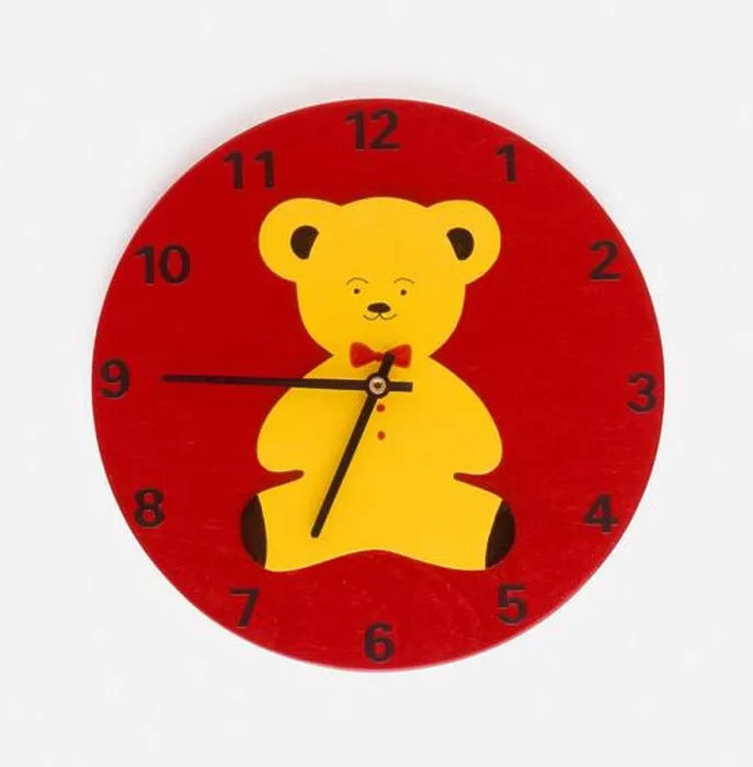 Framed Print : Red wall clock with yellow teddy on face, front view Framed Print : Red wall clock with yellow teddy on face, front view