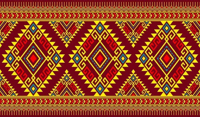 Framed Print : Red Yellow Green Symmetry Geometric Ethnic Seamless Pattern Design on Red Background. Eastern Embroidery Rhomboid Style Framed Print : Red Yellow Green Symmetry Geometric Ethnic Seamless Pattern Design on Red Background. Eastern Embroidery Rhomboid Style