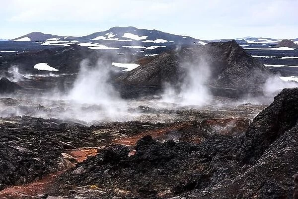Reeky lavas field in the geothermal valley Leirhnjukur, near Krafla volcano, Iceland. Landscape photography