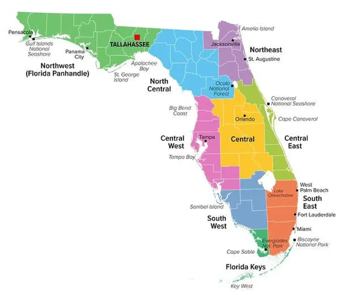 Framed Print : Regions of U.S. state Florida, multi colored map showing travel regions