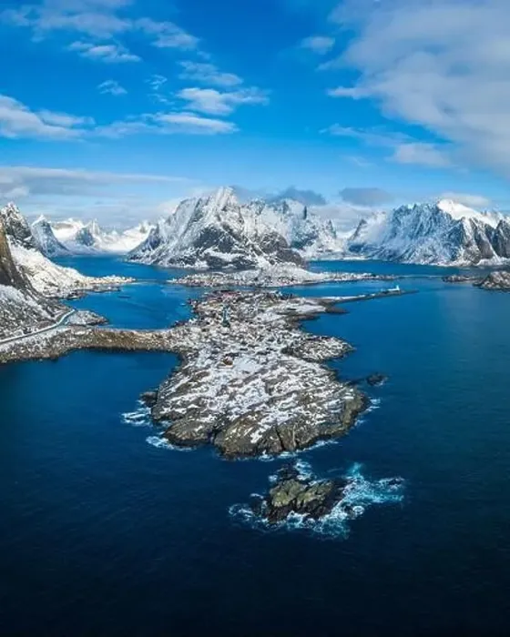 Framed Print : Reine Village and Mountains in Winter. Olstinden Peak. Moskenes, Lofoten Islands. Landscape of Norway. Aerial View Framed Print : Reine Village and Mountains in Winter. Olstinden Peak. Moskenes, Lofoten Islands. Landscape of Norway. Aerial View