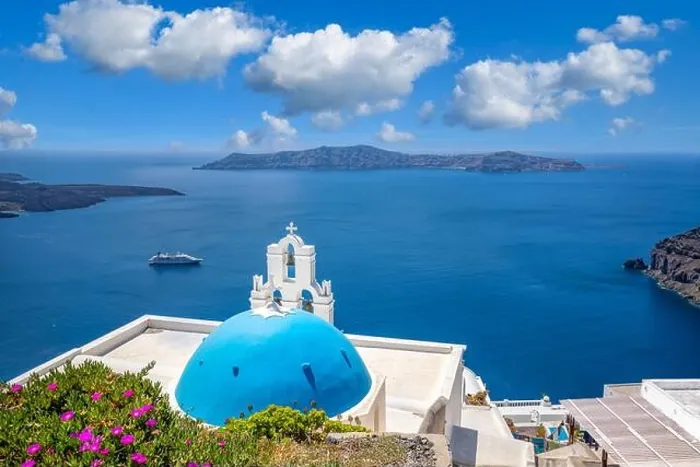Framed Print : Relaxing and romantic view with white architecture in Santorini Greece, caldera view over blue sea and volcano island. Summer landscape for travelling Framed Print : Relaxing and romantic view with white architecture in Santorini Greece, caldera view over blue sea and volcano island. Summer landscape for travelling