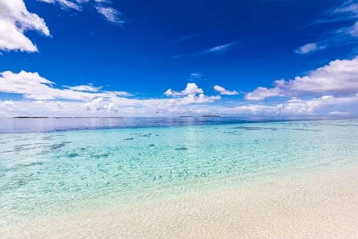 Framed Print : Relaxing seascape with wide horizon of the sky and the sea. Tropical ocean view, calm, tranquil lagoon, shallow water, horizon. Inspire nature