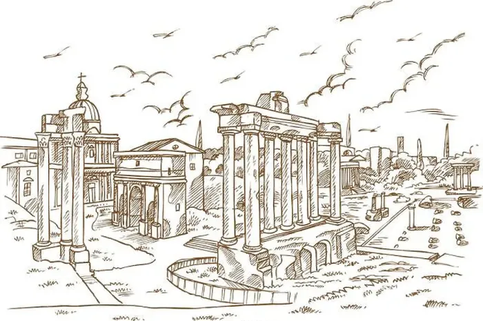 Framed Print : Remains of temples in Foro Romano, Rome, Italy hand draw Framed Print : Remains of temples in Foro Romano, Rome, Italy hand draw