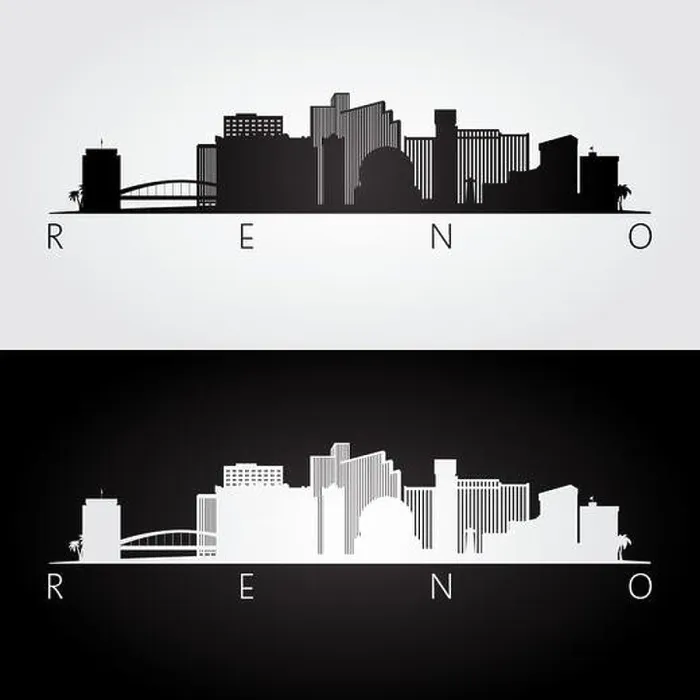 Framed Print : Reno USA skyline and landmarks silhouette, black and white design, vector illustration Framed Print : Reno USA skyline and landmarks silhouette, black and white design, vector illustration