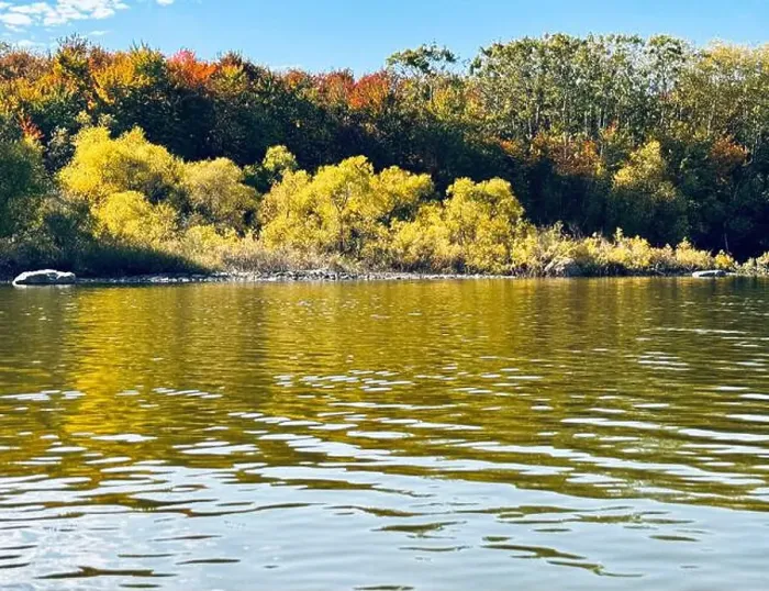 Framed Print : Reservoir Choiniere, Yamaska, Quebec, Canada - view of the shores in Autumn. Fall landscape