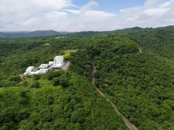 Framed Print : Residential building in jungle background aerial drone view Framed Print : Residential building in jungle background aerial drone view