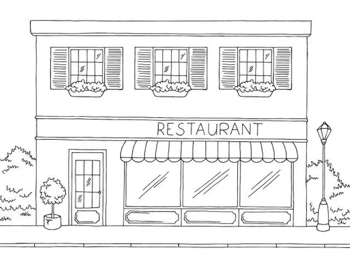 Framed Print : Restaurant exterior graphic black white sketch illustration vector Framed Print : Restaurant exterior graphic black white sketch illustration vector