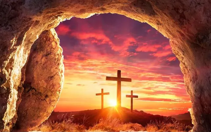 Framed Print : Resurrection Concept - Empty Tomb With Three Crosses On Hill At Sunrise Framed Print : Resurrection Concept - Empty Tomb With Three Crosses On Hill At Sunrise