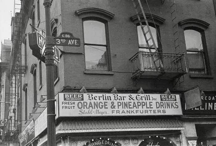 Framed Print : Retail signage, Yorkville, New York City, December 1937 Framed Print : Retail signage, Yorkville, New York City, December 1937